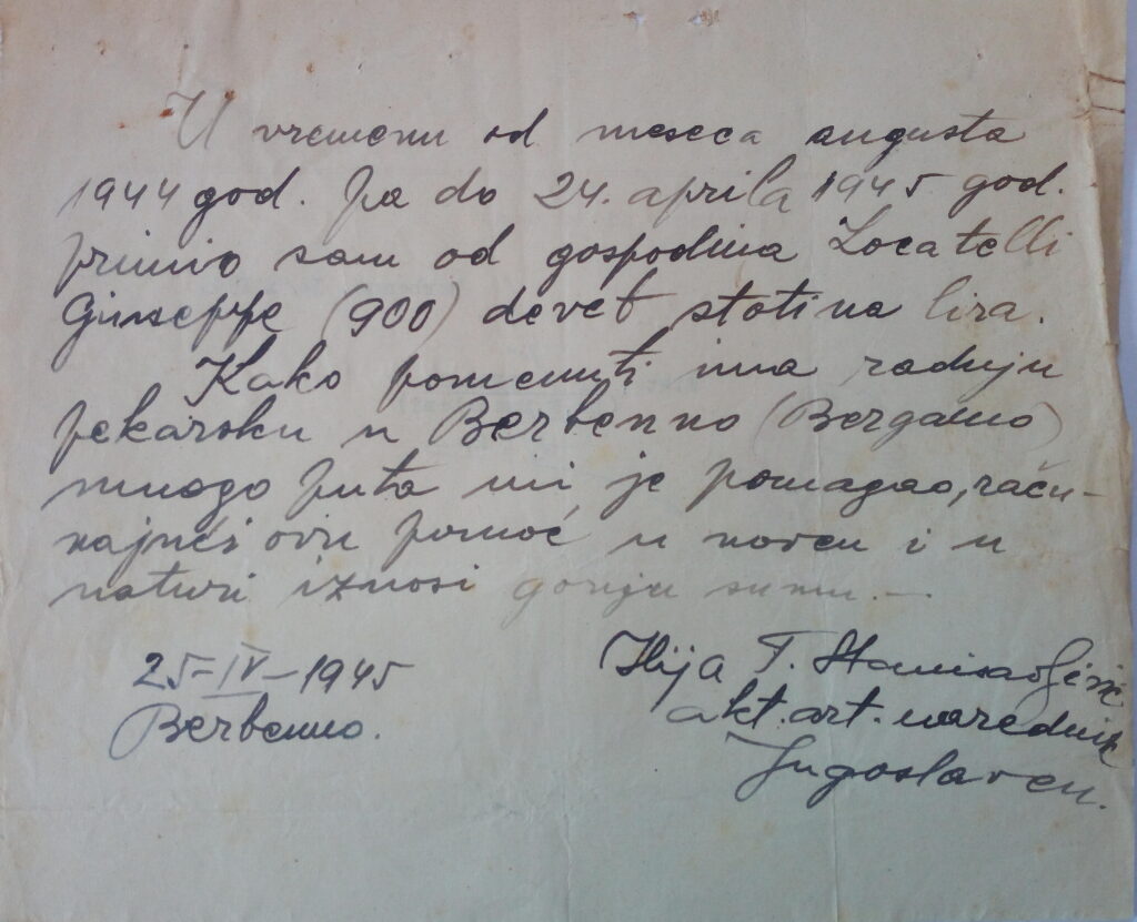 1945-04-25 Prigioniero per assistenza ricevuta da Giuseppe Locatelli