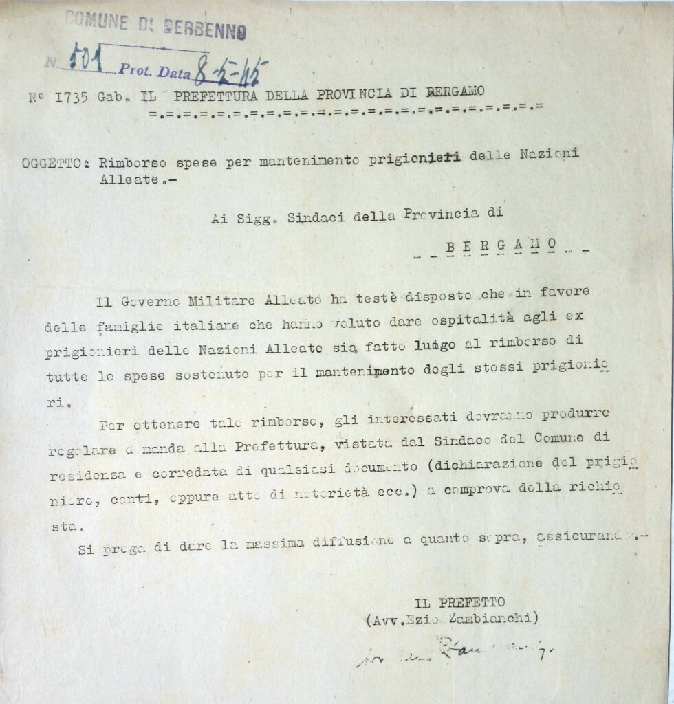 1945-05-08 Circolare sul rimborso spese di assistenza prigionieri alleati